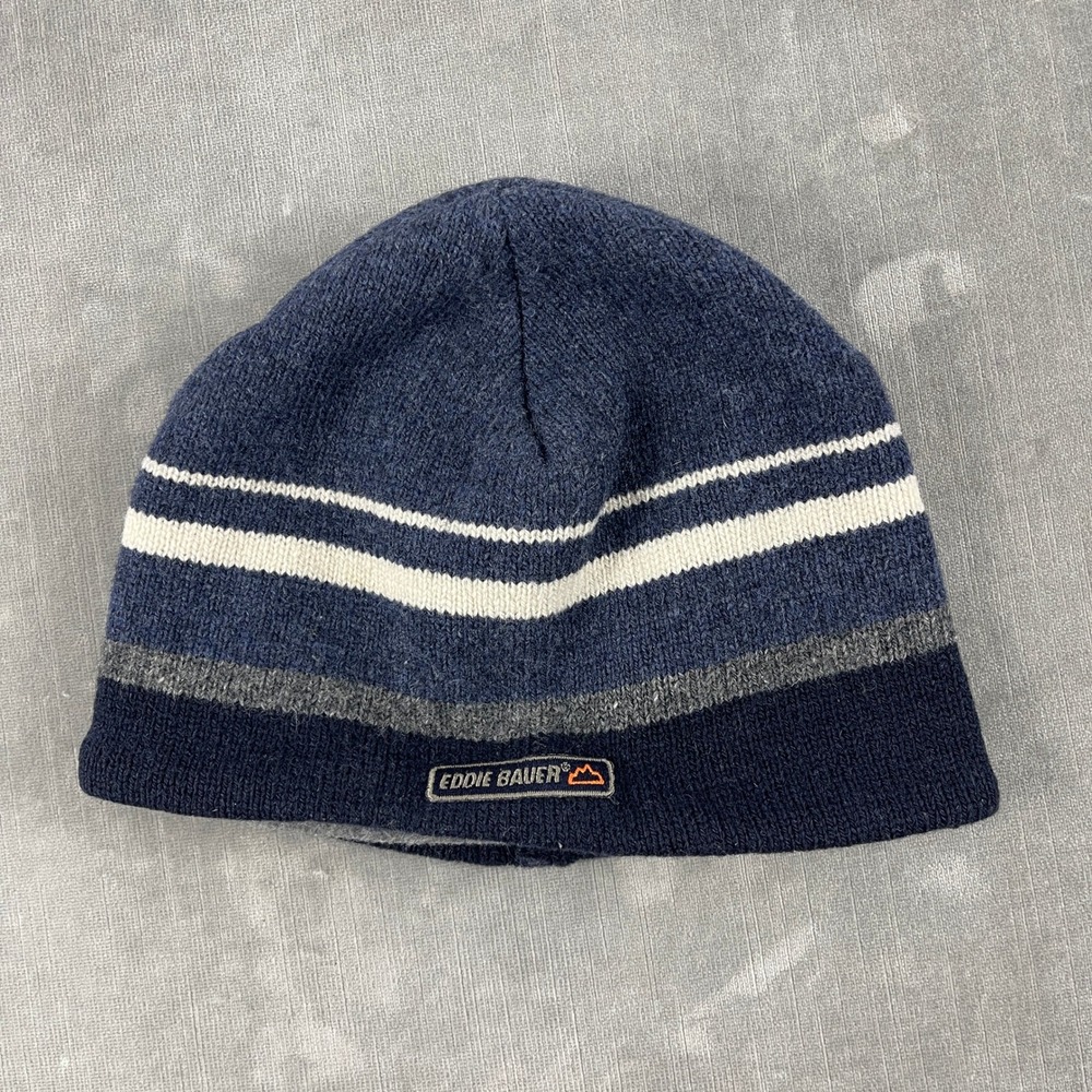 Eddie Bauer Mens OS Blue Striped Beanie Wool Shell Fleece Lined USA Made